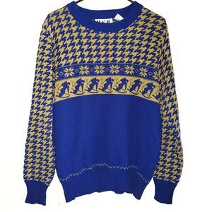 Vintage Pattern Knit Sweater Houndstooth Retro Grandpa Style Wool Blend Lg